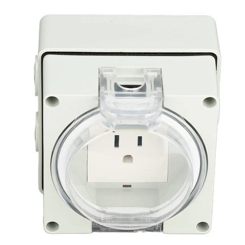 Rugged Boss Grade Outdoor Electrical Outlet Weatherproof IP66 3 Prong Power Socket with clear cover, front view.
