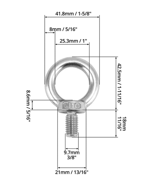 Detailed diagram of 10 Pack Stainless Steel M10 Shoulder Lifting Ring Eye Bolts With Male Thread For Machinery Heavy Duty Ring Shoulder Eye Bolts Rust Resistant 304 Stainless Steel 18mm Length Easy Attach For Lifting And Rigging.