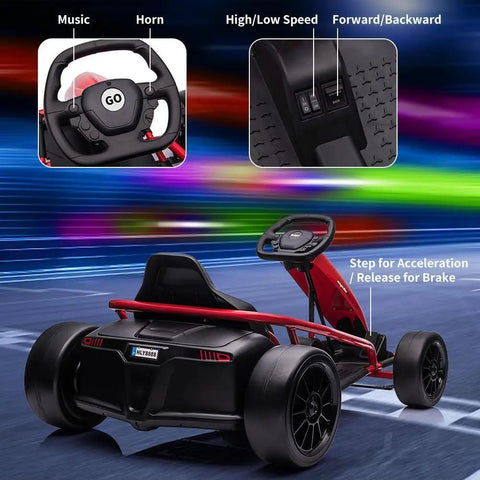 12V Kid Friendly Go-Kart With Dual 300W Brushless Motors, Drift-Ready Electric Kart That Hits 8 MPH, shown from rear view