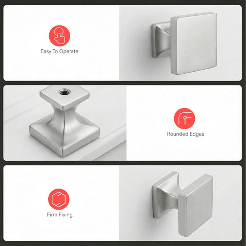 Three angles of Ten Pack Brushed Nickel Square Cabinet Knobs For Dresser Drawers Zinc Alloy Construction Length One And One Tenth Inch