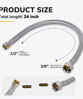 Heavy Duty 24 Inch Faucet Supply Line Pair Built Solid To Handle Daily Grind 3/8 X 1/2 Connector Braided Stainless Steel Sink Hose leak proof size details.
