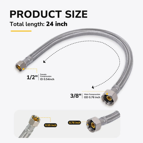 Heavy Duty 24 Inch Faucet Supply Line Pair Built Solid To Handle Daily Grind 3/8 X 1/2 Connector Braided Stainless Steel Sink Hose leak proof size details.