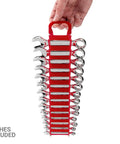 Hand holding Red Stubby Wrench Holder for 14 Tools, Fits 6-19 mm Stubby Combination Wrenches, Nonslip Grippers, Durable Wall Mount Organizer