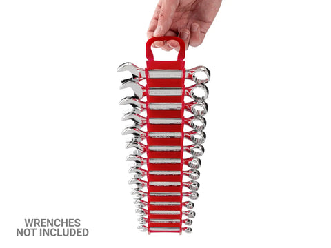 Hand holding Red Stubby Wrench Holder for 14 Tools, Fits 6-19 mm Stubby Combination Wrenches, Nonslip Grippers, Durable Wall Mount Organizer