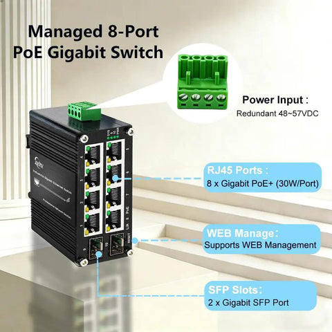 Industrial 8-Port Gigabit PoE+ Switch With 2 SFP Slots, 240W Budget, DIN Rail Mount, shown with power input and features