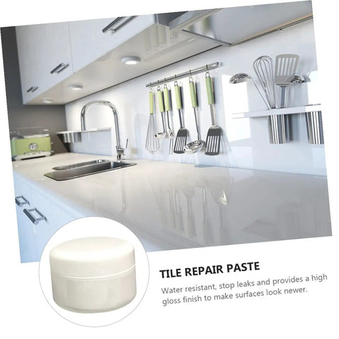 Ceramic Tile Repair Kit 100g Two Component Quick Drying Epoxy Adhesive Paste for Porcelain and Ceramic Tile Crack Fixing shown in kitchen.