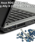 Complete Replacement Screw Kit For Asus Rog Ally Rc71l And Ally X 2024, screws laid out beside laptop side view.