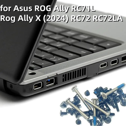 Complete Replacement Screw Kit For Asus Rog Ally Rc71l And Ally X 2024, screws laid out beside laptop side view.