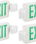 Green LED Exit Sign With Battery Backup, 4 Pack Emergency Lights Kit showing four signs with side lights, UL Listed, AC 120 277V.