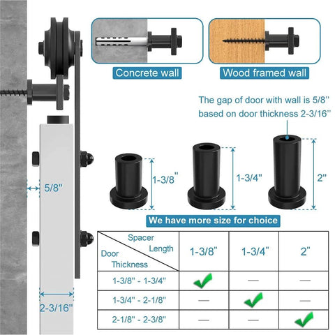 Diagram of 2 Inch Sliding Barn Door Track Spacers Replacement Kit with connectors, lag bolts, and wall anchors, black finish.