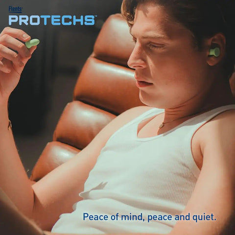 Person using Multi Purpose Foam Ear Plugs With Case For Sleep Travel Work Concerts Shooting Snoring Studying And Loud Noise Reduction NRR 33 Green Made In USA 10 Pairs