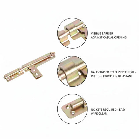 Heavy Duty Galvanized Steel Slide Bolt Latch For Garden Gates Barn Doors And Storage Sheds Rust Resistant Zinc Plated Security Lock with visible barrier.