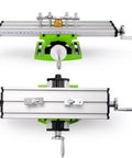 Heavy Duty Bench Drill Vise With X And Y Axis Adjustment Coordinate System For Metal Lathe Milling Fixture Table shown from above and side views.