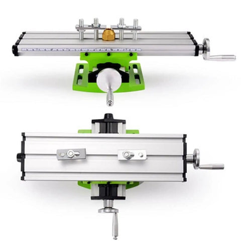Heavy Duty Bench Drill Vise With X And Y Axis Adjustment Coordinate System For Metal Lathe Milling Fixture Table shown from above and side views.
