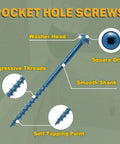 Pocket Hole Screws Kit 450 Pieces In 5 Sizes For Exterior Projects Blue Anti Rust Coated Square Drive