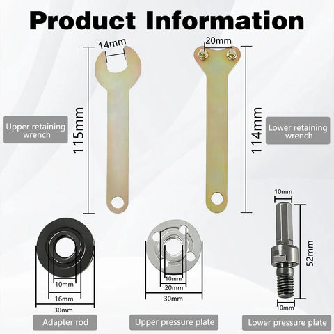 Product information showing dimensions of Plug And Play Angle Grinder Connector Kit For Electric Drills with various parts labeled.