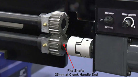 Close-up of Budget-Friendly 19 Inch Metal Bead Roller with Power Drive System, showing shaft fit at crank handle end.