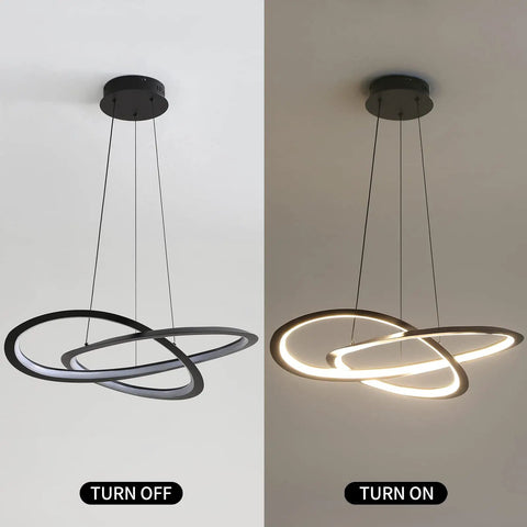 Modern Trefoil Ceiling Chandelier For Dining Room And Living Room, Adjustable Height And Color Temperature, Matte Black Pendant Light Showcased Turned On and Off