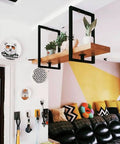 Hanging Wine Glass Rack Ceiling Shelf Retro Industrial Kitchen Storage Wood And Iron Floating Stemware Holder in a living room