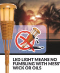 Solar Island Torch LED Flickering Flame Lights with bamboo finish, showing no oil or wicks needed, sunset in background