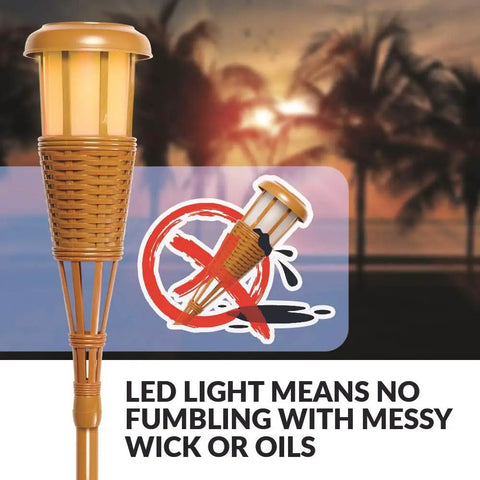 Solar Island Torch LED Flickering Flame Lights with bamboo finish, showing no oil or wicks needed, sunset in background