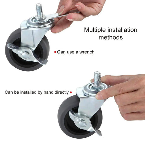 Top Notch 3 Inch Silent Swivel Caster Wheels With Locking Brake And Quick Threaded Stem Mount shown with installation methods.