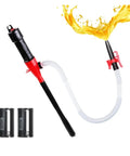Super Cool Cordless Battery Operated Fuel Transfer Pump With Long Flexible Hose For Easy Siphoning Oil Gas And Fluids Portable Liquid Extractor Tool That Is Totally Rad with batteries. Fluid pouring from nozzle.