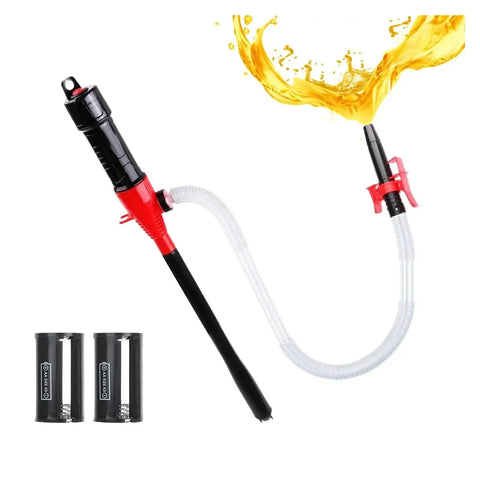 Super Cool Cordless Battery Operated Fuel Transfer Pump With Long Flexible Hose For Easy Siphoning Oil Gas And Fluids Portable Liquid Extractor Tool That Is Totally Rad with batteries. Fluid pouring from nozzle.