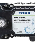 TORK TPE24VA valve actuator; black plastic housing with UL safety label and 24VAC input