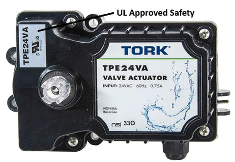 TORK TPE24VA valve actuator; black plastic housing with UL safety label and 24VAC input