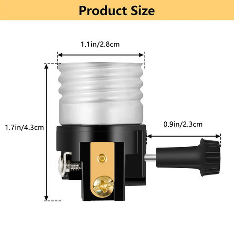 UL Listed E26 Lamp Socket Replacement With On Off Switch Knob, Beefy E26 And E27 Socket For Table And Floor Lamps, Easy Swap Lamp Repair Part, 2 Pack, Aluminum Interior, Supports Up To 250W 250V; product size diagram