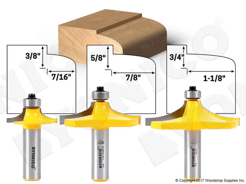 Table Edge Thumbnail Router Bit Set, 3 Bit Pack, 1/2 Inch Shank shown with wood profiles and measurements.