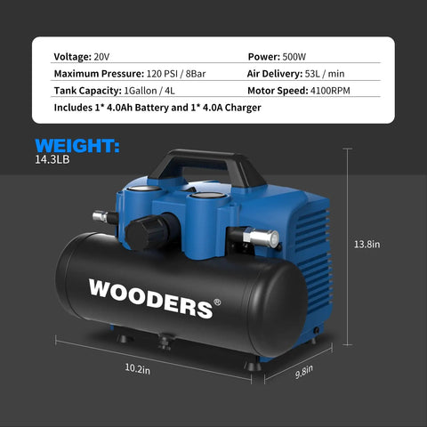 Wooders 20V Cordless Air Compressor 1 Gallon 120 Psi 4.0Ah Battery Portable Tire Inflator For Nailers And Paint Sprayers High Speed Power Tool Quick Setup Easy Use Lightweight Design Perfect For Home Garage Jobs
