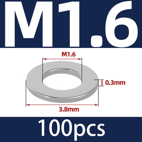 Thickened Oversized Stainless Flat Washers Set 1.6 To 24 Mm 304 Stainless Steel Heavy Duty Load Distribution Kit For Screws And Bolts Rust Resistant For Indoor Outdoor Use Great For DIY And Pro Jobs. M1.6 washer, 0.3mm thick, 100 pcs