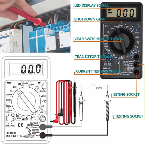 Digital multimeter DT832 with LED display, test leads, and labels for gear switching, testing sockets, and transistor testing