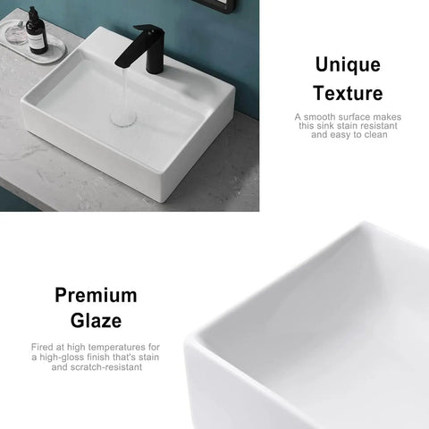 Rectangular Ceramic Vessel Sink For Bathroom Wall Mounted With Pop Up Drain Above Counter Upgrade Your Vanity With Modern Kaolin Ceramic Thick Glazed Surface No Install Kit Included showing unique texture and premium glaze close-up