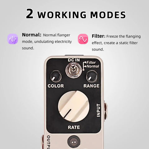 Close-up of analog flanger pedal controls with filter mode and oscillator effects, ultra compact metal stompbox with true bypass.