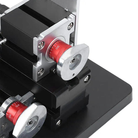 Fafeicy Mini 60W Metal Wood Turning Lathe With 3 Jaw Chuck showing close-up of adjustable knob and components for precise crafting.