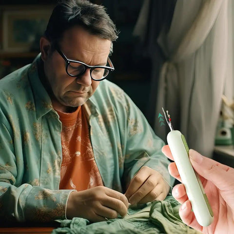 Person sewing at a table, holding a Pro Grade Two In One Needle Threader And Seam Ripper Tool For Sewing Upgraded 2024 Dual Head Seam Remover Integrated Threader And Seam Cutter Durable Green Design.