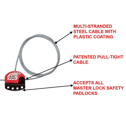 Adjustable Lockout Tagout Steel Cable Four Millimeter Diameter Six Foot Pull Tight With Integrated Hasp Black Red for safety padlocks