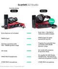 Scarlett 2i2 Studio 3rd Gen USB Audio Interface Bundle with condenser mic, headphones, showcasing features and comparison.