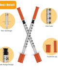 Disposable Syringes With Needle 1ml 30G 5 16 Inch showing non-slip design, clear scale, smooth plunger, and protective cap