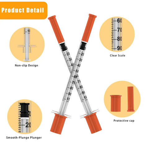 Disposable Syringes With Needle 1ml 30G 5 16 Inch showing non-slip design, clear scale, smooth plunger, and protective cap