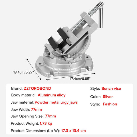 Heavy Duty Bench Vise With Multi Angle Clamp And 0 To 90 Degree Tilt 360 Degree Swivel Base Three Inch Jaw Cast Iron And Powder Metallurgy Jaws For Woodworking Drilling And Milling DIY Projects, 77mm jaw, aluminum alloy