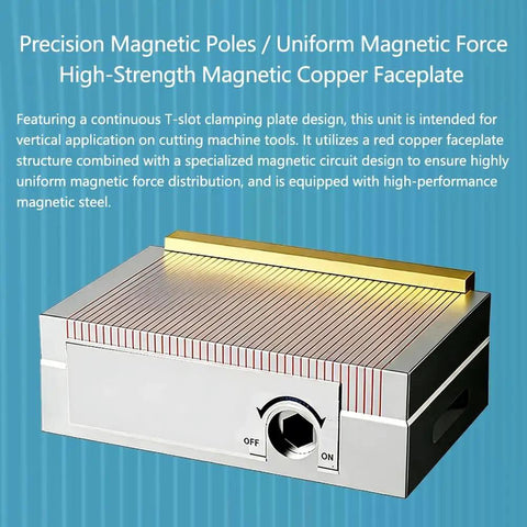 Permanent Magnetic Chuck For Precision Machining And EDM Wire Cutting Workholding No Power Needed With Mechanical On Off Switch Ideal For Bench Drills And Tapping Machines 100 By 100 Mm pictured on a blue background with its switch visible