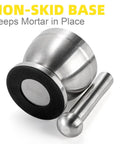 18 By 8 Stainless Steel Mortar And Pestle Set With Brushed Finish Durable Non Slip Base Rustproof No Residual Taste Easy To Clean Spice Grinder For Herbs And Pills Grinds Spices Like A Pro In Your Kitchen, emphasizing non-skid base.