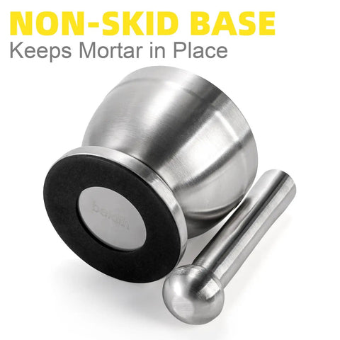 18 By 8 Stainless Steel Mortar And Pestle Set With Brushed Finish Durable Non Slip Base Rustproof No Residual Taste Easy To Clean Spice Grinder For Herbs And Pills Grinds Spices Like A Pro In Your Kitchen, emphasizing non-skid base.