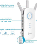 AC1900 Dual Band WiFi Range Extender Amps Up Your Home Network With Gigabit Ethernet Port shown with size and features labeled