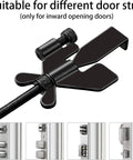 Heavy Duty Adjustable Portable Door Lock for Home, Hotel, Airbnb and Dorm, showing compatibility with various door strike plates.