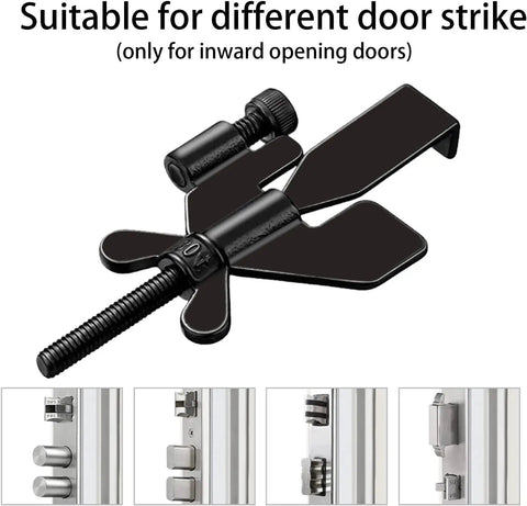 Heavy Duty Adjustable Portable Door Lock for Home, Hotel, Airbnb and Dorm, showing compatibility with various door strike plates.